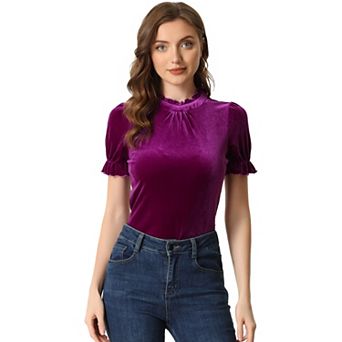 Ruffle Collar Shirt for Women's Short Sleeve Velvet Tops Blouse