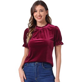 Ruffle Collar Shirt for Women's Short Sleeve Velvet Tops Blouse