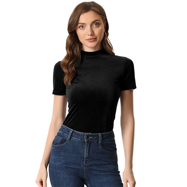 Velvet Top for Women s Mock Neck Short Sleeve Solid Casual Tee Tops