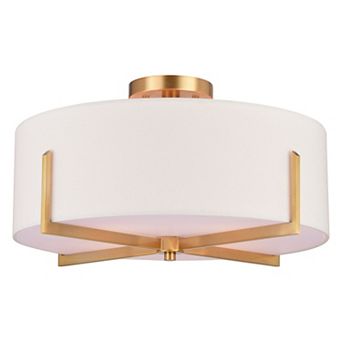 Surrey 18 in W Natural Brass Mid-Century Modern Semi Flush Mount Ceiling Light White Linen Drum Shade