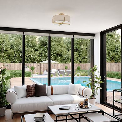 Surrey 18-in W Natural Brass Mid-Century Modern Semi Flush Mount Ceiling Light White Linen Drum Shade