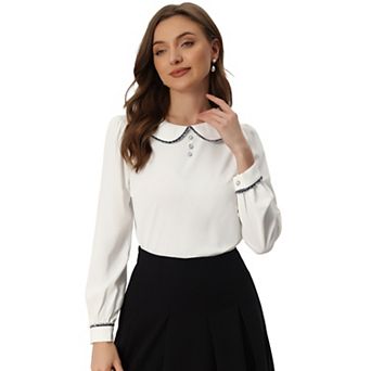 Work Blouse For Women's Long Sleeve Peter Pan Tops