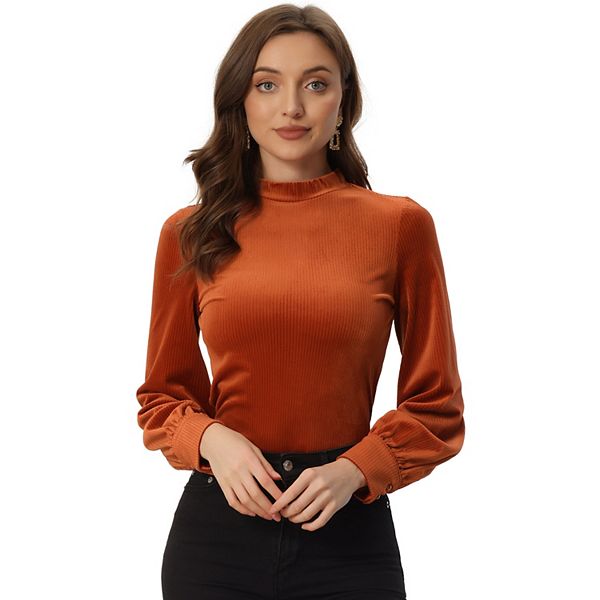 Elegant Velvet Top for Women's Crew Neck Puff Long Sleeve Rib Velour Blouse