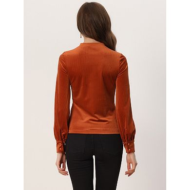 Elegant Velvet Top For Women's Crew Neck Puffy Long Sleeve Rib Velour Blouse