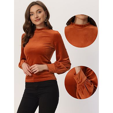 Elegant Velvet Top For Women's Crew Neck Puffy Long Sleeve Rib Velour Blouse