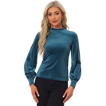 Elegant Velvet Top For Women's Crew Neck Puffy Long Sleeve Rib Velour Blouse