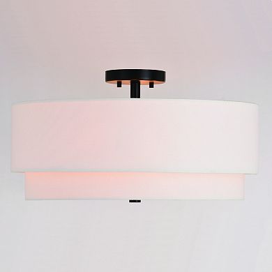 Burnaby Semi Flush Mount Ceiling Light Frixture with White Linen Drum Shade