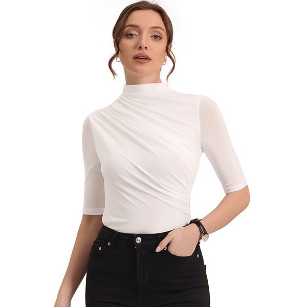 Women's Mock Neck TShirts Stretch Slim Fit Short Sleeve Sheer Mesh
