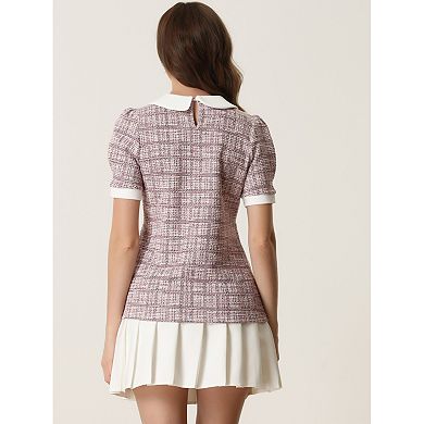 Tweed Top For Women's Button Decor Peter Pan Collar Blouse