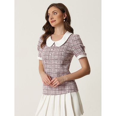Tweed Top For Women's Button Decor Peter Pan Collar Blouse