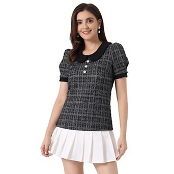 Tweed Top For Women's Button Decor Peter Pan Collar Blouse