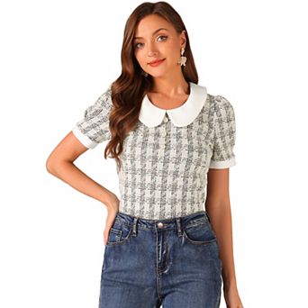 Tweed Top For Women's Button Decor Peter Pan Collar Blouse