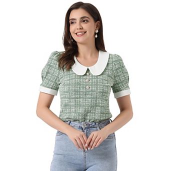 Tweed Top For Women's Button Decor Peter Pan Collar Blouse