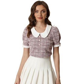 Tweed Top For Women's Button Decor Peter Pan Collar Blouse