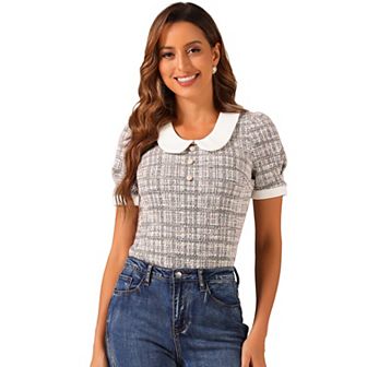 Tweed Top For Women's Button Decor Peter Pan Collar Blouse