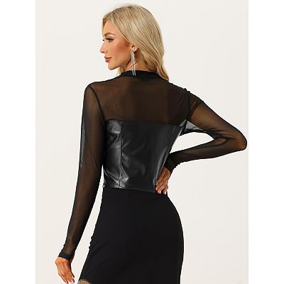 Pu Leather Top For Women s Sheer Mesh Sleeve Mock Neck Sweetheart Shirt