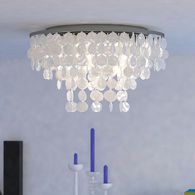 Elsa 24-in W Satin Nickel Capiz Shell Coastal Flush Mount Ceiling Light Fixture