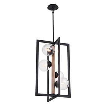 Bridgeview 16 in Oil Rubbed Bronze and Wood Industrial 4 Light Chandelier, Hanging Ceiling Pendant