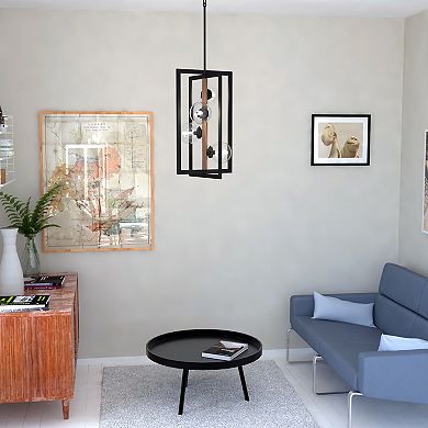 Bridgeview 16-in Oil Rubbed Bronze and Wood Industrial 4 Light Chandelier, Hanging Ceiling Pendant