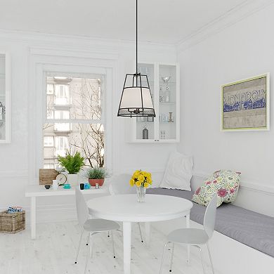 Benton 3L Black Wire Cage Modern Industrial Pendant Light White Linen Shade