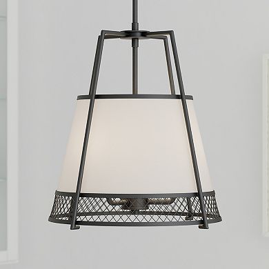 Benton 3L Black Wire Cage Modern Industrial Pendant Light White Linen Shade