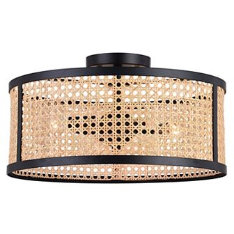 Berens 15.5 in W Matte Black Modern Farmhouse Drum Semi Flush Mount Ceiling Light with Rattan Cane Shade