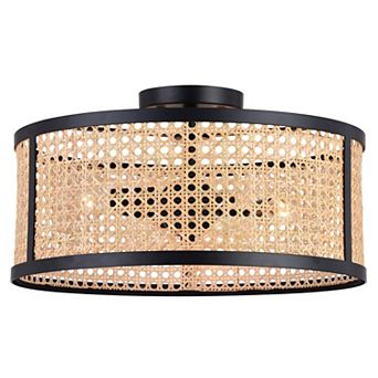 Berens 15.5 in W Matte Black Modern Farmhouse Drum Semi Flush Mount Ceiling Light with Rattan Cane Shade