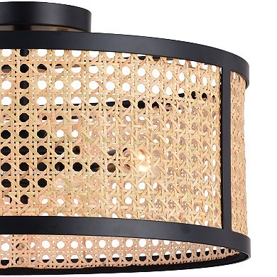 Berens 15.5-in W Matte Black Modern Farmhouse Drum Semi Flush Mount Ceiling Light with Rattan Cane Shade