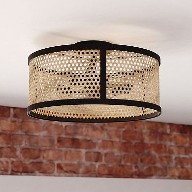 Berens 15.5-in W Matte Black Modern Farmhouse Drum Semi Flush Mount Ceiling Light with Rattan Cane Shade