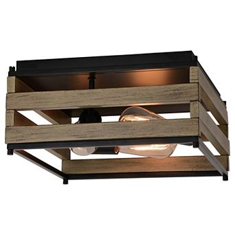 Ravenswood 13 in W Black and Wood Slat Square Farmhouse Flush Mount Ceiling Light Fixture