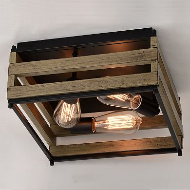 Ravenswood 13-in W Black and Wood Slat Square Farmhouse Flush Mount Ceiling Light Fixture