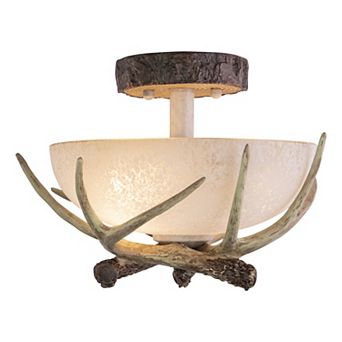 Lodge Cream Rustic Antler Bowl Semi Flush Mount Ceiling Light Cream Glass