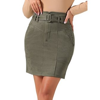 Faux Suede Skirt for Women's Casual High Waist Belted A-Line Mini Skirts