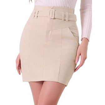 Faux Suede Skirt for Women's Casual High Waist Belted A-Line Mini Skirts