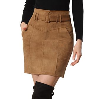 Faux Suede Skirt for Women's Casual High Waist Belted A-Line Mini Skirts