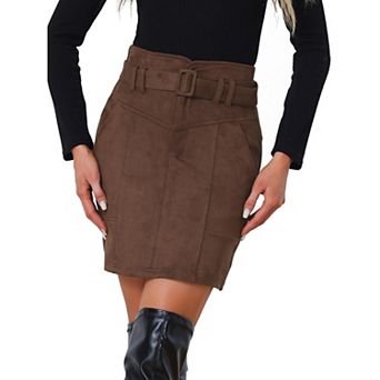 Faux Suede Skirt for Women's Casual High Waist Belted A-Line Mini Skirts