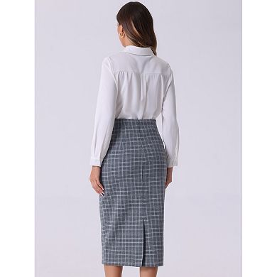 Women's Plaid Skirt Checked Print High Waist Zipper Back Split Bodycon Midi Pencil Skirts