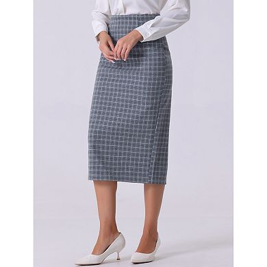 Women's Plaid Skirt Checked Print High Waist Zipper Back Split Bodycon Midi Pencil Skirts