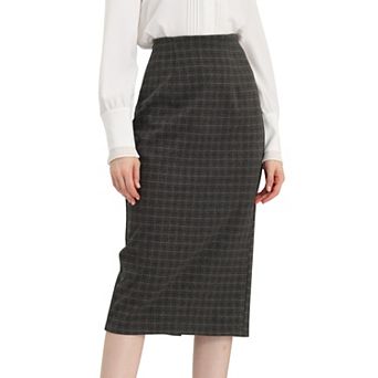 Women's Plaid Skirt Checked Print High Waist Zipper Back Split Bodycon Midi Pencil Skirts