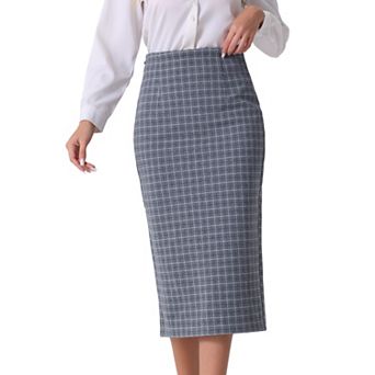 Women's Plaid Skirt Checked Print High Waist Zipper Back Split Bodycon Midi Pencil Skirts