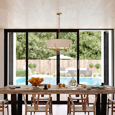 Surrey 5 Light Natural Brass Mid-Century Modern Chandelier White Fabric Drum Shade