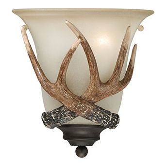 Yoho 1 Light Bronze Rustic Antler Flush Wall Sconce Cream Glass