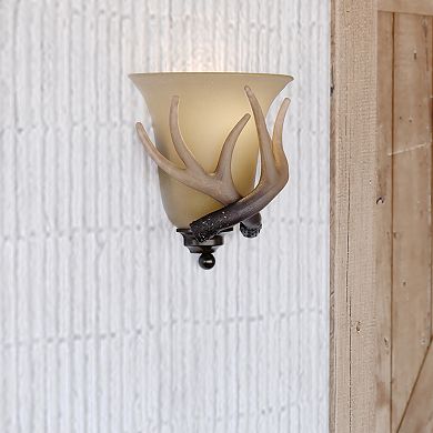 Yoho 1 Light Bronze Rustic Antler Flush Wall Sconce Cream Glass
