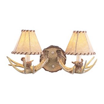 Lodge Rustic Wood Antler Armed Wall Sconce Light Fixture with Faux Leather Shade
