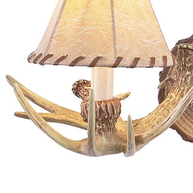 Lodge Rustic Wood Antler Armed Wall Sconce Light Fixture with Faux Leather Shade