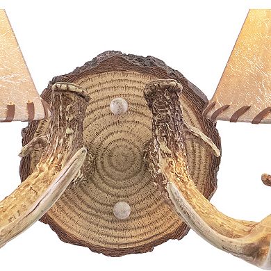 Lodge Rustic Wood Antler Armed Wall Sconce Light Fixture with Faux Leather Shade