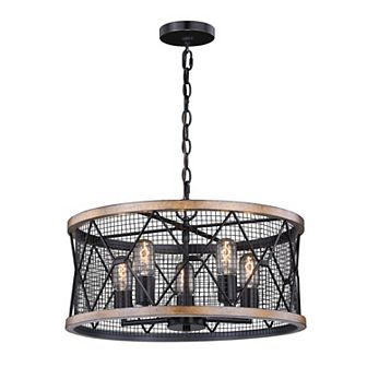 Bremerton 5 Light Black and Wood Cage Drum Chandelier