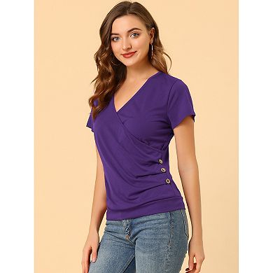 Women's Wrap V Neck Short Sleeve Button Decor Ruched Top