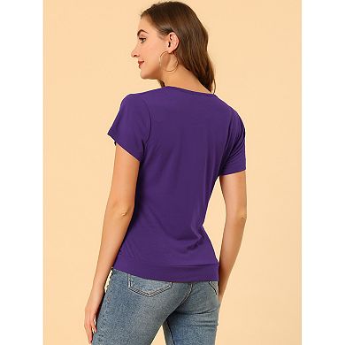 Women's Wrap V Neck Short Sleeve Button Decor Ruched Top