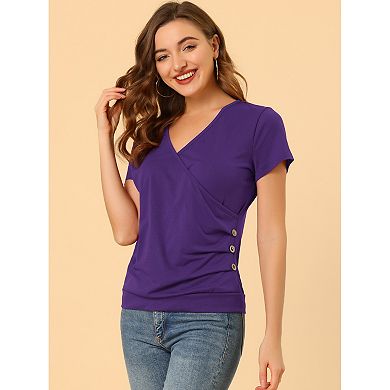 Women's Wrap V Neck Short Sleeve Button Decor Ruched Top